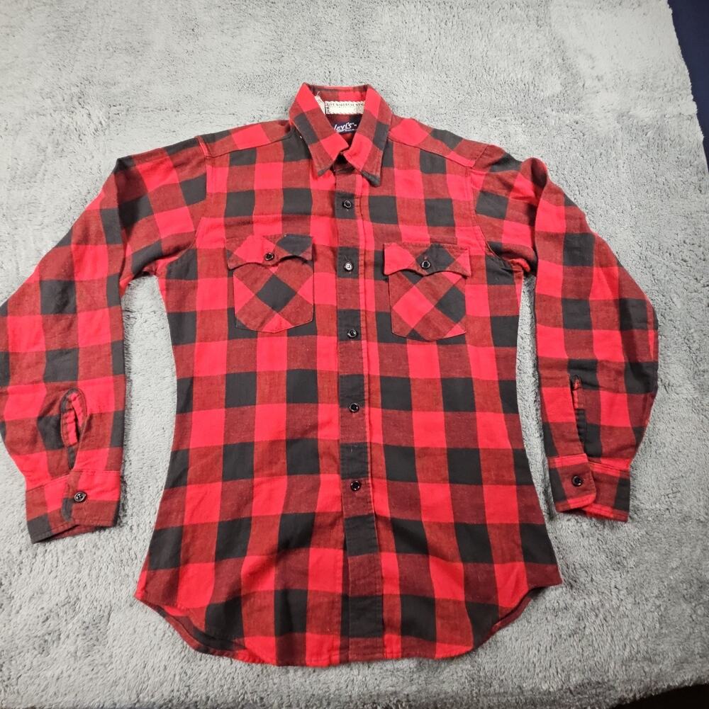 Mens Medium Red Black Buffalo Plaid Flannel Wardrobe Wing Made in USA by Levi's